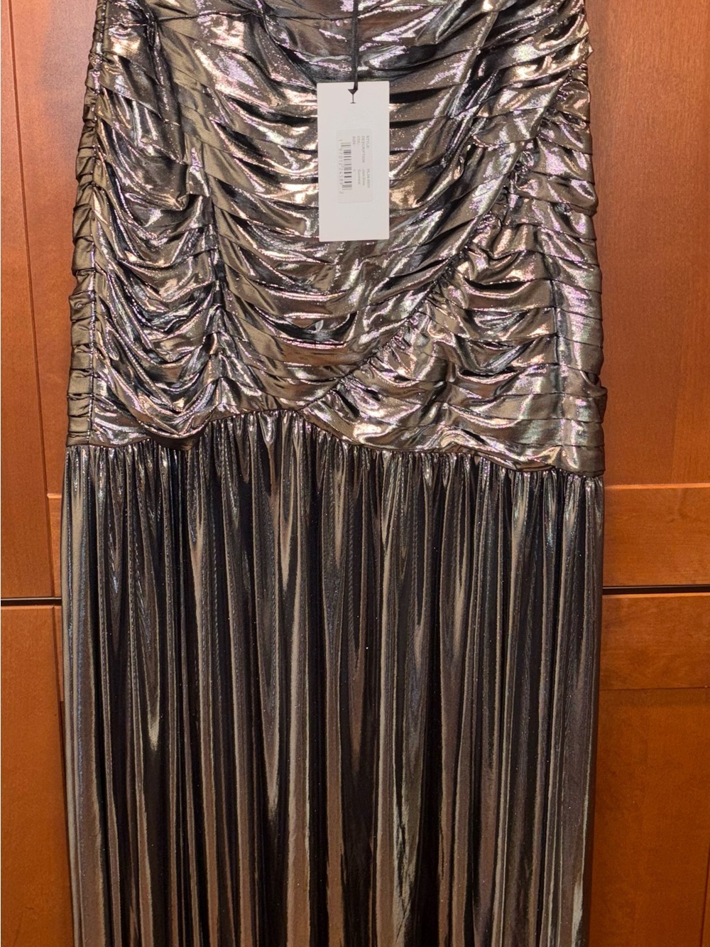 Metallic Ruched Evening Dress - Women's Shimmery Black
